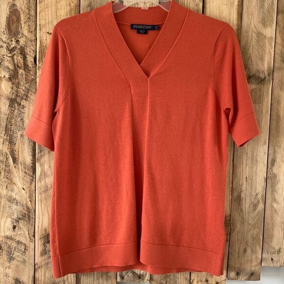 Pendleton Silk‎ Blend V-Neck Short Sleeve Lightweight Sweater Size Medium Petite - Picture 1 of 10